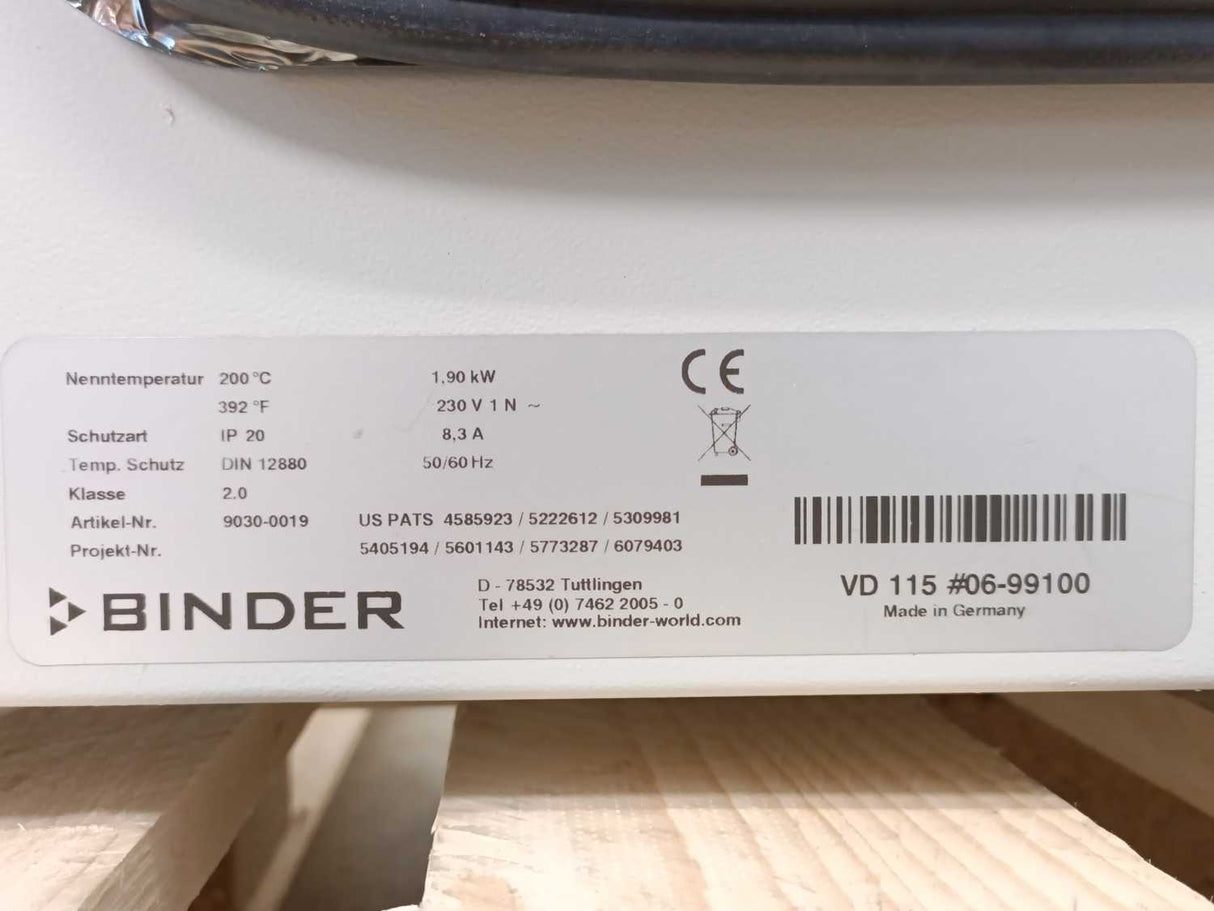 Binder 9030-0019 VD115 Vacuum Drying Chambers for Non-flammable Solvents