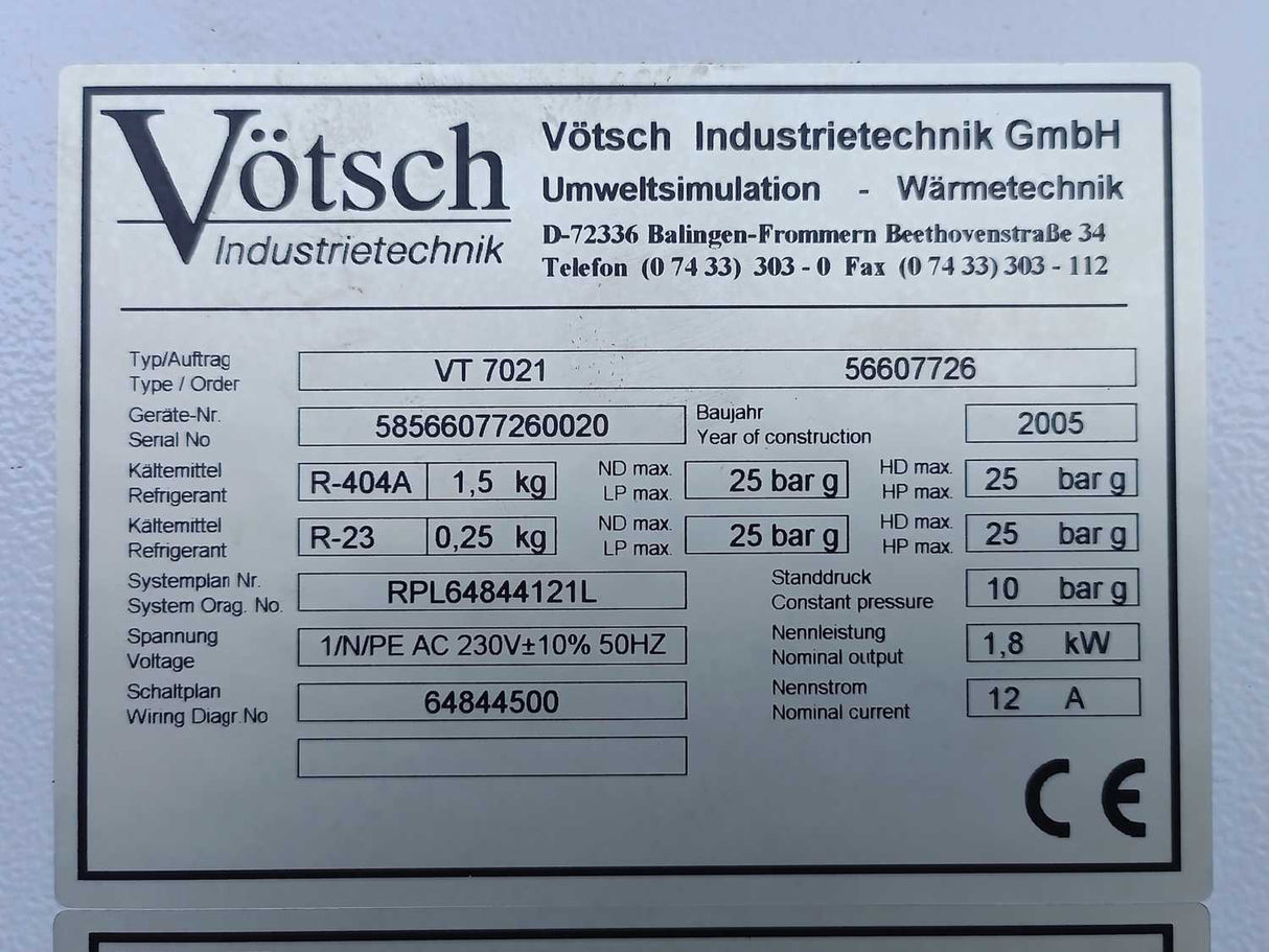 VOTSCH 56607726 VT 7021 Air-cooled Temperature Test Chamber Tested to -32°C