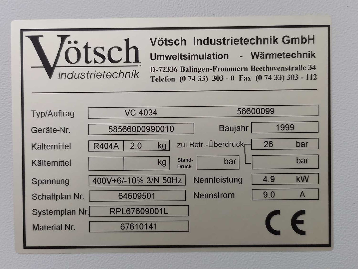 VÖTSCH 56600099 VC 4034 Temp Humidity Test Chamber *SPARE PARTS*