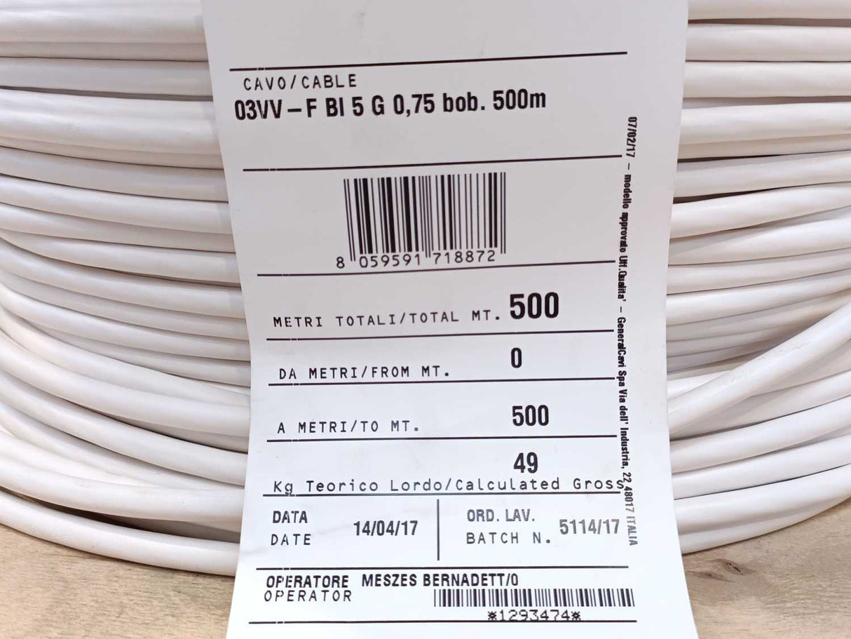 03VV-F White Cable 5 Cores 0,75mm2 Sold by the Meter