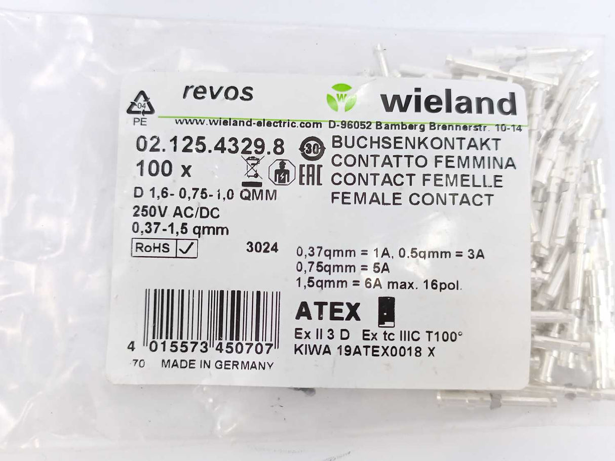 Wieland 02.125.4329.8 Pin Femanle Contacts 100 Pcs. Batch