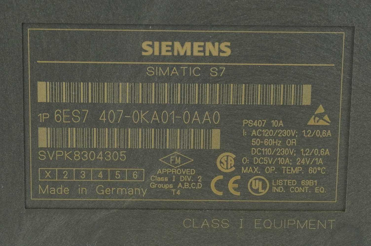 Siemens 6ES7407-0KA02-0AA0 SIMATIC S7-400 SV Power Supply PS 407 10A