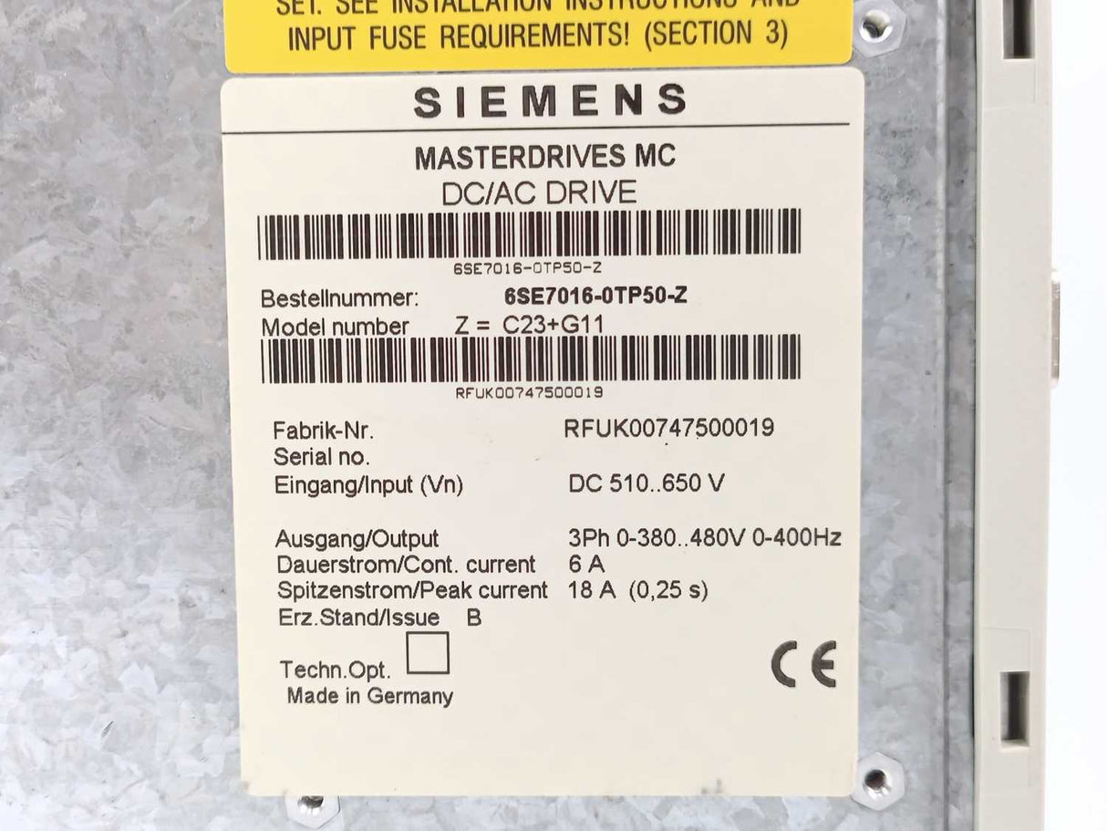 Siemens 6SE7016-0TP50-Z Masterdrives Motion Control Compact Plus Inverter
