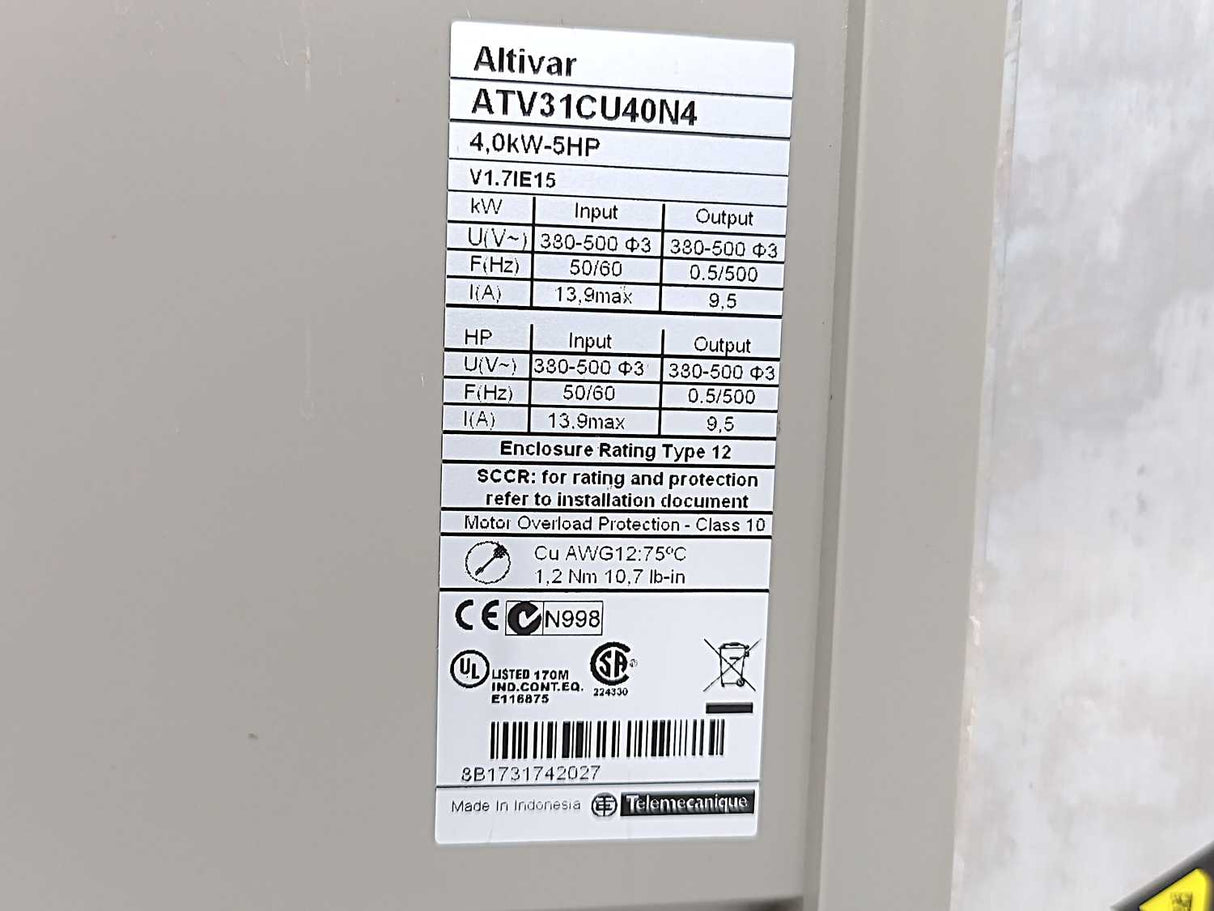 Schneider Electric ATV31CU40N4 Enclosed Variable Speed Drive 4kW 500V IP55