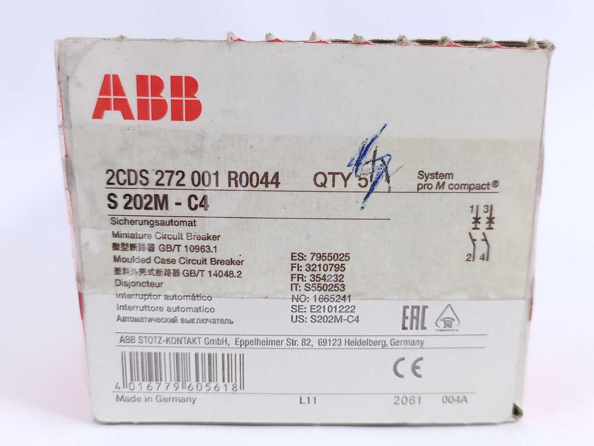 ABB 2CDS 272 001 R0044 S202M-C4 Miniature Circuit Breaker, Batch of 4 pcs.