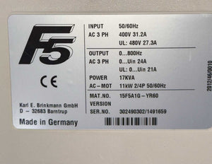 Keb 15F5A1G-YR60 F5, In: 50/60Hz, 400V, 31,2A. Out: 800Hz 24A 17kVA