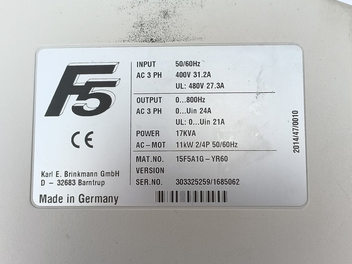 Keb 15F5A1G-YR60 F5, In: 50/60Hz, 400V, 31,2A. Out: 800Hz 24A 17kVA