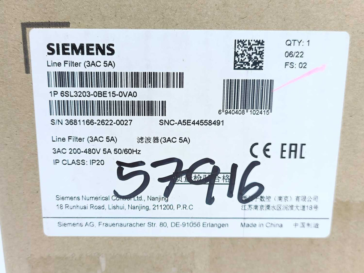 Siemens 6SL3203-0BE15-0VA0 SINAMICS V Series EMC Filter, 5A, 480 V