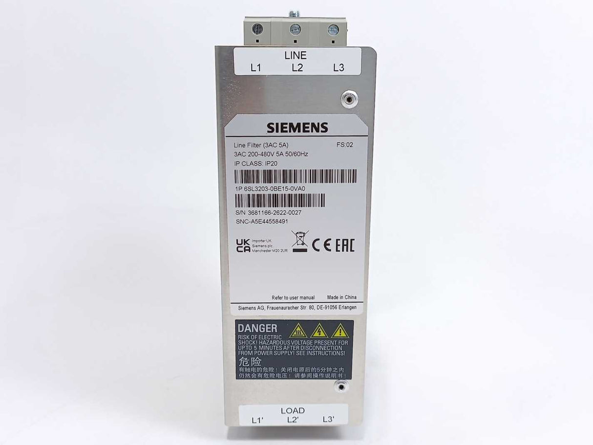 Siemens 6SL3203-0BE15-0VA0 SINAMICS V Series EMC Filter, 5A, 480 V