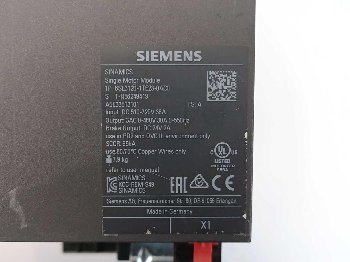 Siemens 6SL3120-1TE23-0AC0 Simamics Single Motor Module 30A
