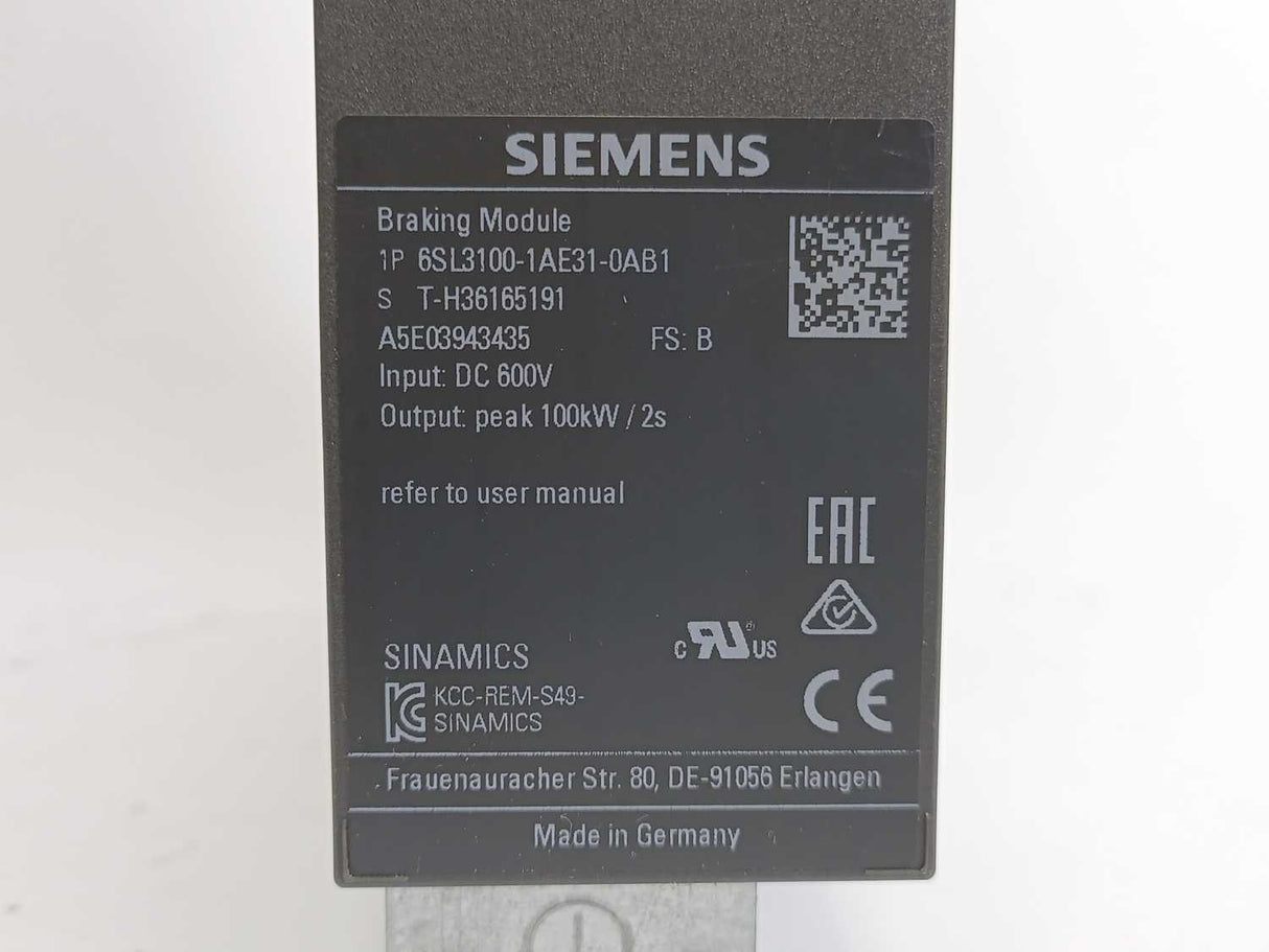 Siemens 6SL3100-1AE31-0AB1 SINANICS Breaking Module