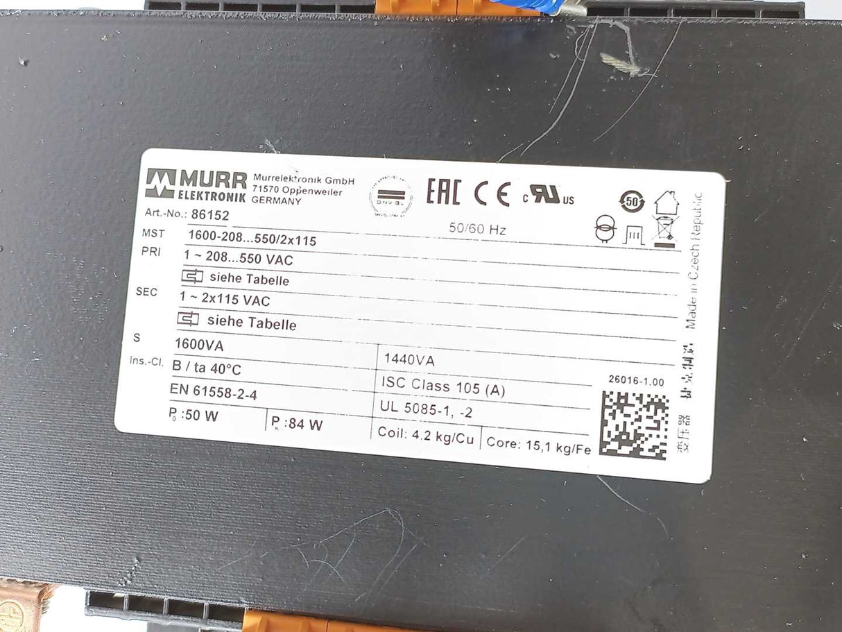 MURR Elektronik 86152 MST 1-Phase Control and Isolation Transformer 1600VA