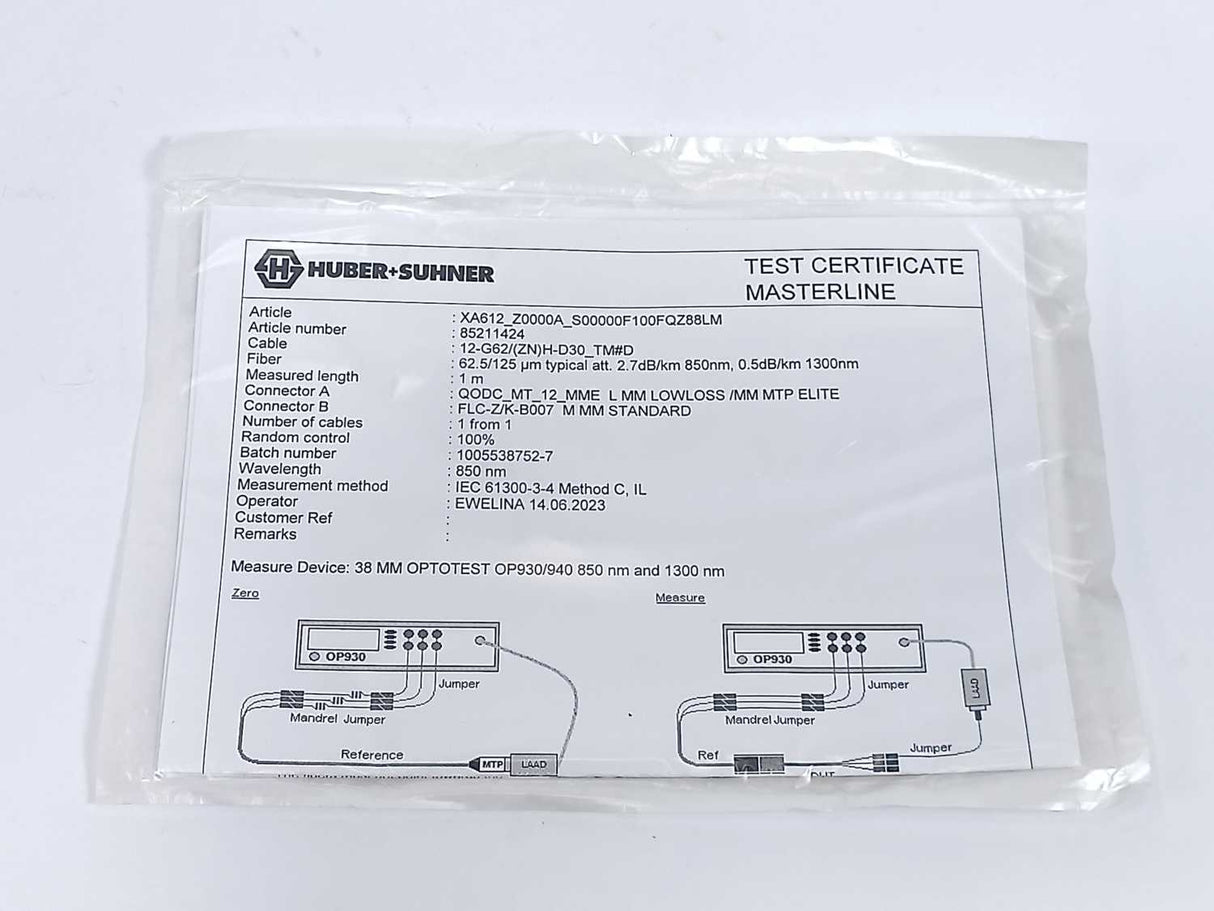 Huber+Suhner 85211424 MASTERLINE Fiber Optic Cable Assembly 62.5/125 µm, 1 m.