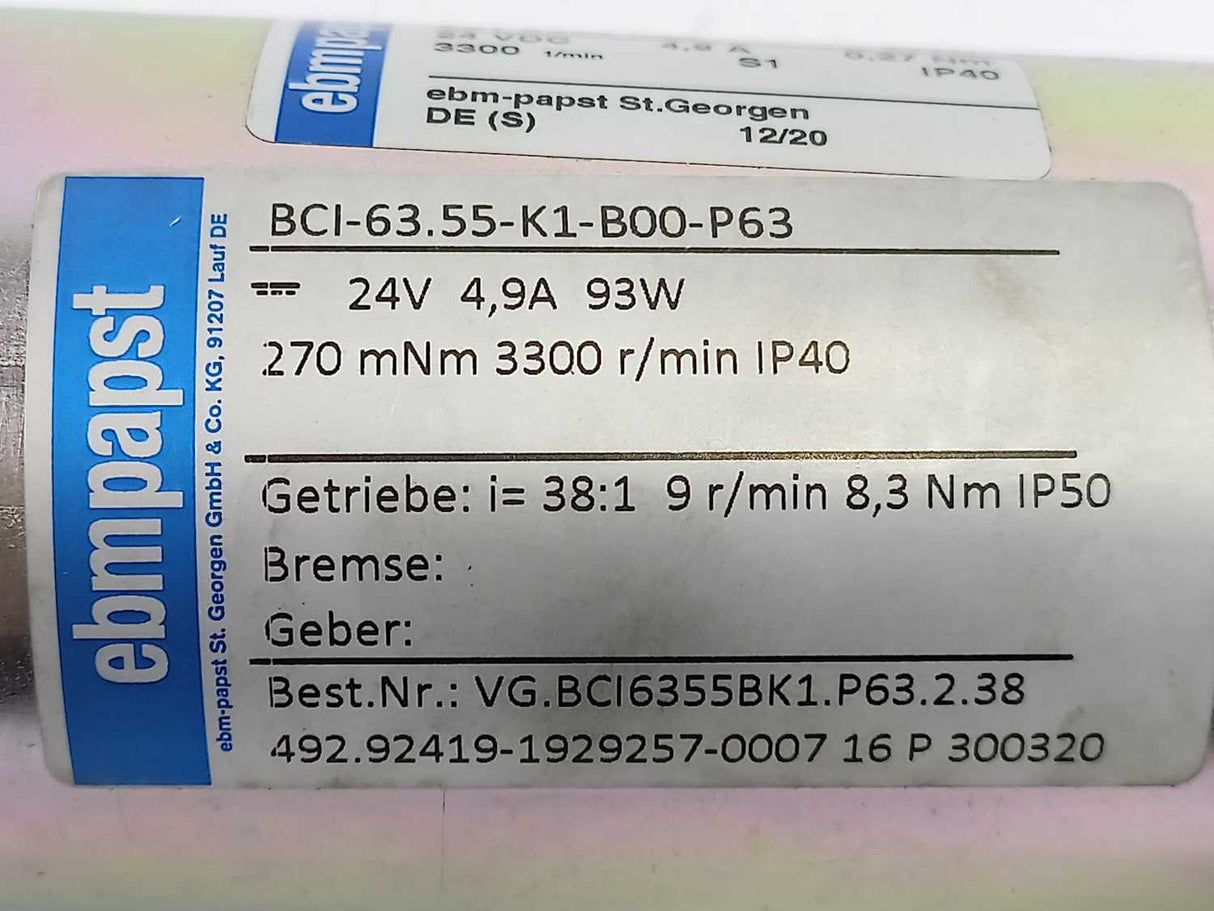 Ebmpapst VG.BCI6355BK1.P63.2.38 BCI 63.55 Brushed DC Gearmotor