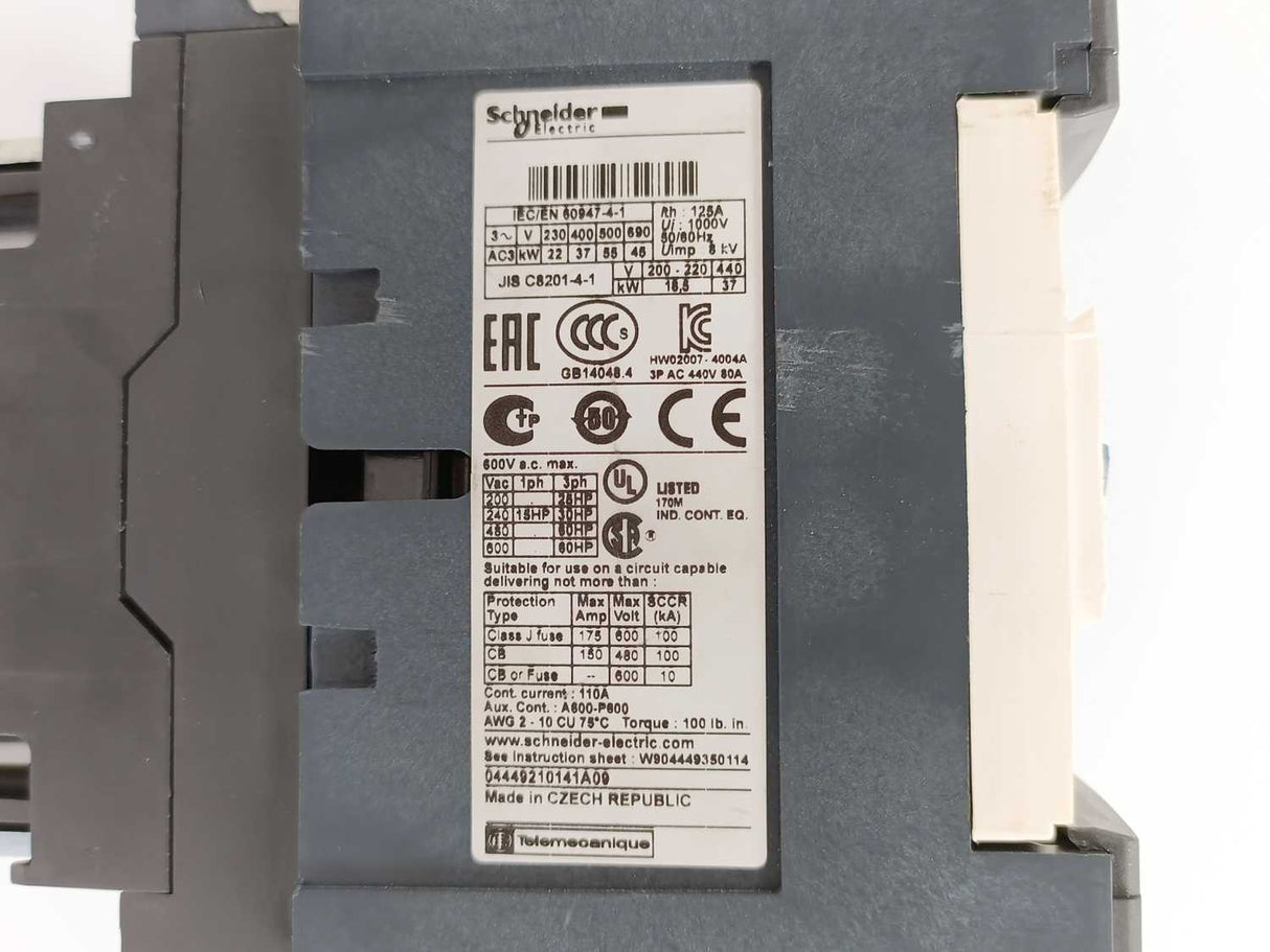 Schneider Electric LC1D80B7 Contactor w/ 24VAC Coil