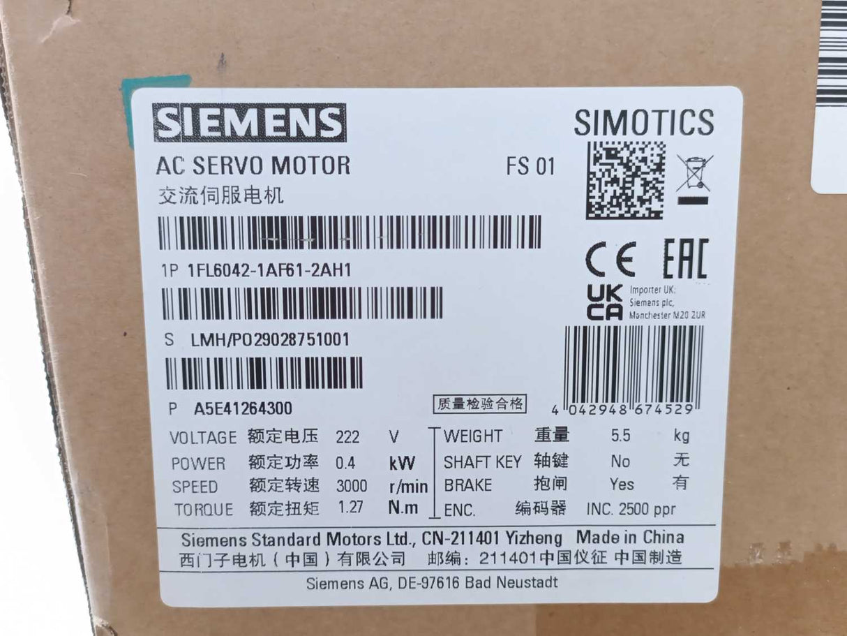 Siemens 1FL6042-1AF61-2AH1 SIMOTICS S-1FL6 3-SERVO MOTOR