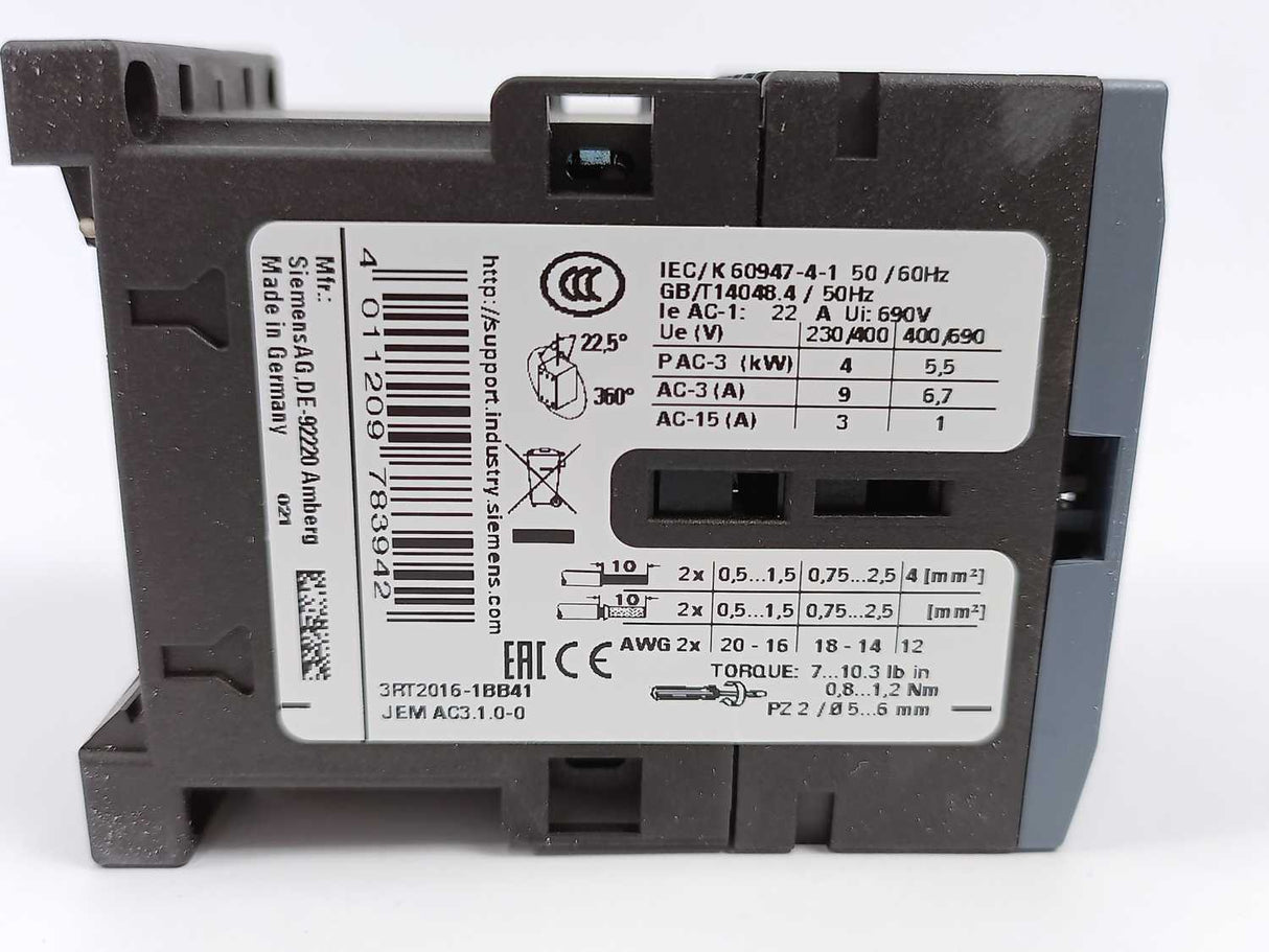Siemens 3RT2016-1BB41 Power Contactor 9 A, 4 kW / 400 V