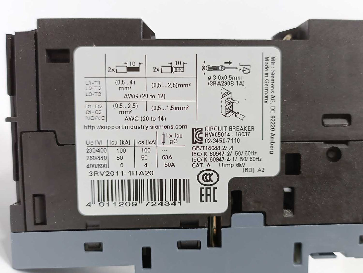 Siemens 3RV2011-1HA20 Circuit Breaker for Motor Protection 5,5-8,0A