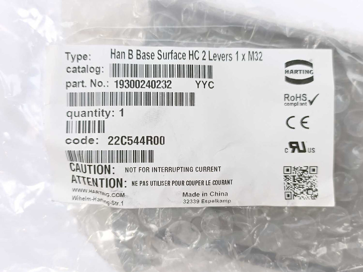 Harting 19300240232 HAN B Base Surface HC 2 Levers 1 x M32