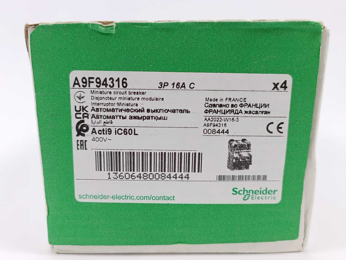 Schneider Electric A9F94316 3P 16A Miniature Circuit Breaker. Box of 4 pcs.