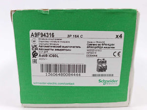 Schneider Electric A9F94316 3P 16A Miniature Circuit Breaker. Box of 4 pcs.
