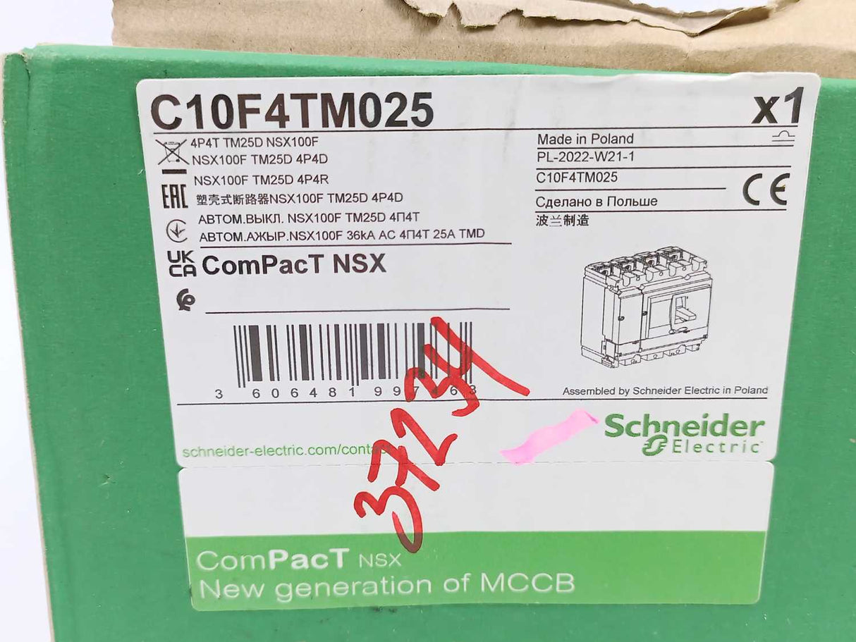 Schneider Electric C10F4TM025 ComPacT NSX100F TM25D 4P4D Circuit Breaker
