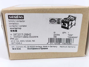 Siemens 3RT2017-2BB42 Power Contactor 24V Coil