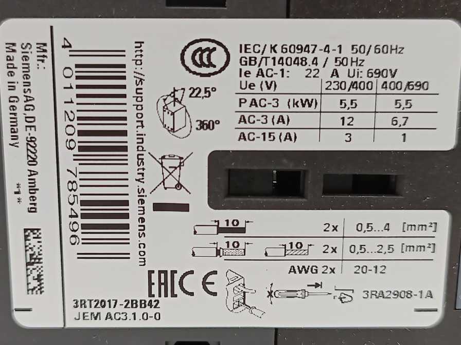 Siemens 3RT2017-2BB42 Power Contactor 24V Coil