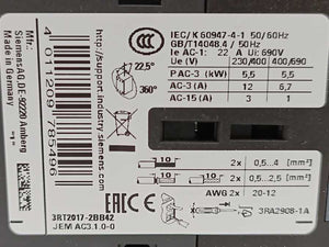 Siemens 3RT2017-2BB42 Power Contactor 24V Coil