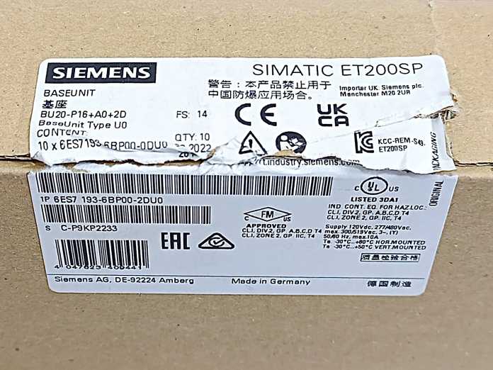 Siemens 6ES7193-6BP00-2DU0 SIMATIC ET200SP Base Unit, Batch of 10 pcs
