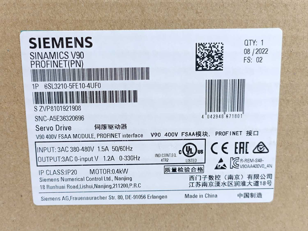 Siemens 6SL3210-5FE10-4UF0 SINAMICS V90 PROFINET Servo Drive