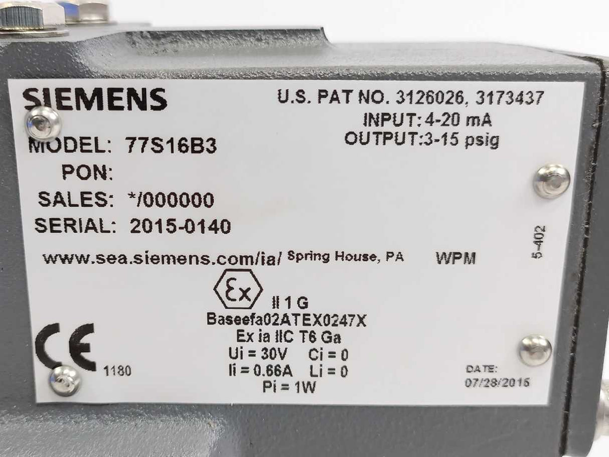 Siemens 77S16B3 Model Series 77 Electric to Pneumatic Transducer, 4-20mA