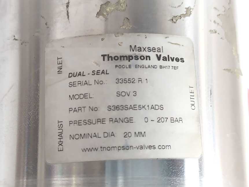 Thompson Valves S363SAE5K1ADS Dual-Seal SOV/3, 0-207Bar, 20mm Solenoid Valve