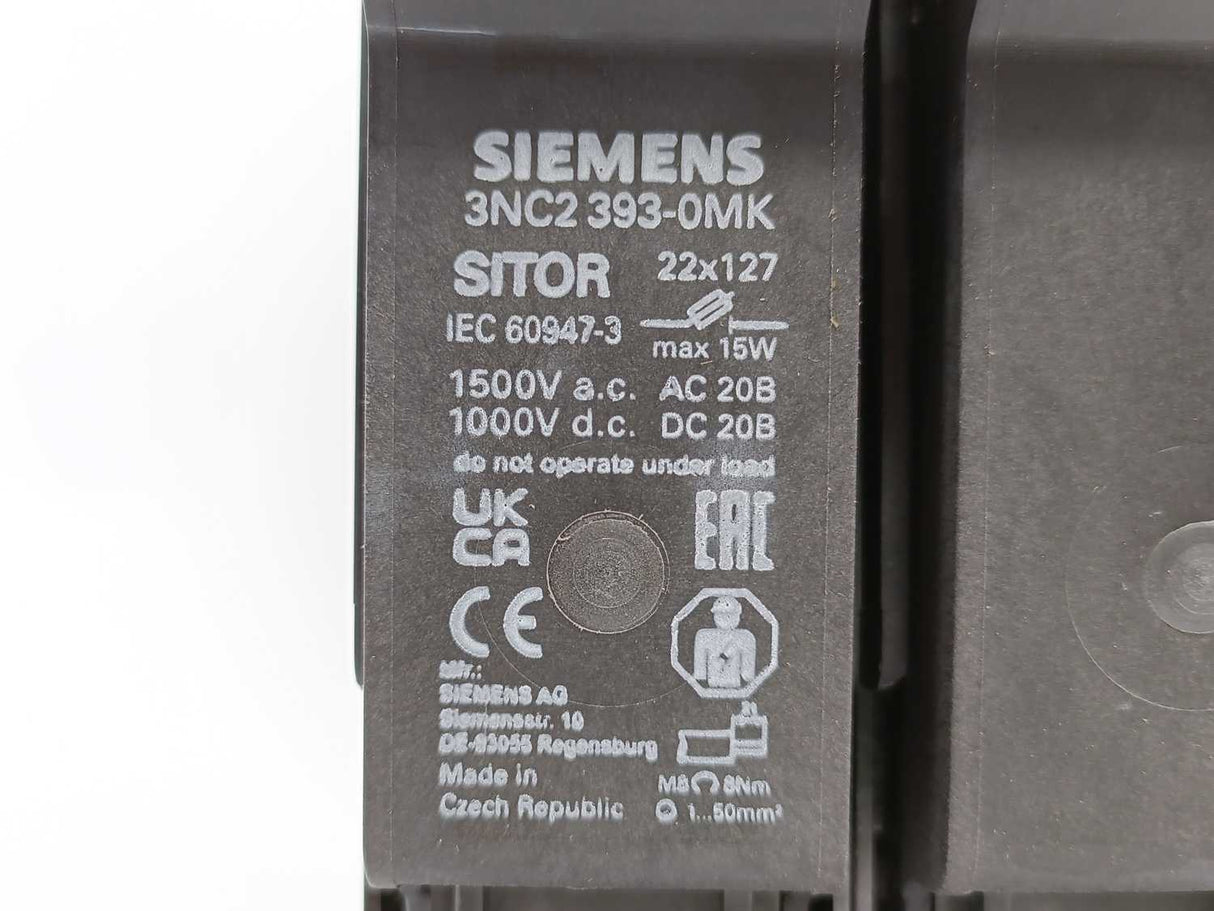 Siemens 3NC2393-0MK SITOR Fuse Holder 63A 1500V AC/1000VDC 3-Pole