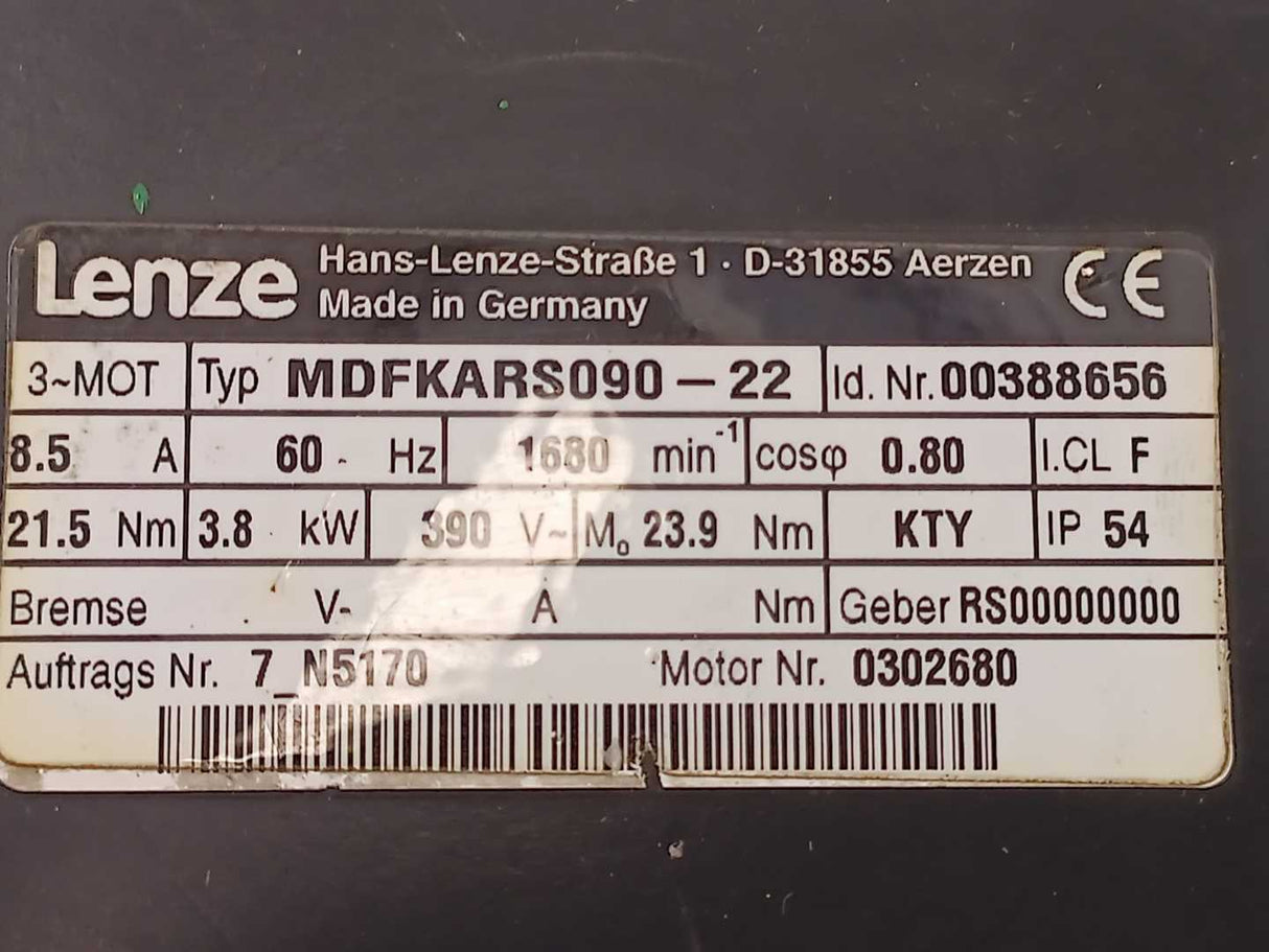 LENZE MDFKARS090-22 00388656 Servo Motor w/ A2S130