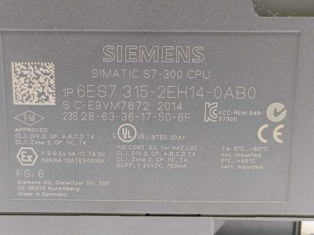 Siemens 6ES7315-2EH14-0AB0 SIMATIC S7-300 w/ 6ES7953-8LJ30-0AA0 Memory Card