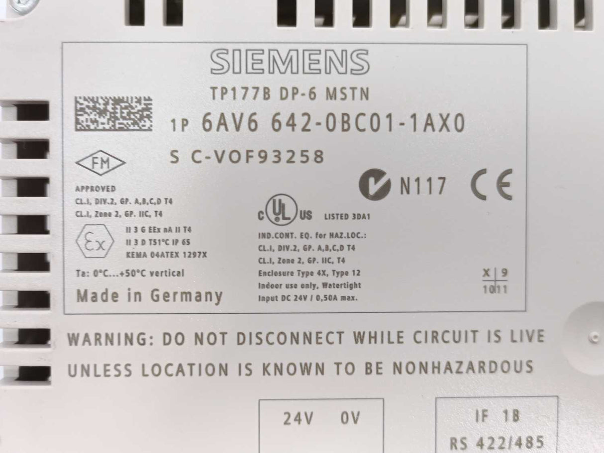 Siemens 6AV6 642-0BC01-1AX0 Simatic Touch Panel TP177B DP-6 MSTN - FOR PARTS