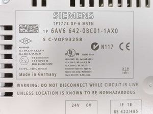 Siemens 6AV6 642-0BC01-1AX0 Simatic Touch Panel TP177B DP-6 MSTN - FOR PARTS