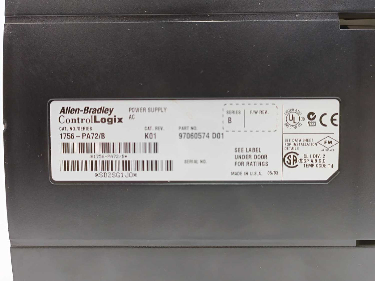 AB 1756-PA72 Ser. B ControlLogix Power Supply 75W w/ 1756-A7 Slot Chassis