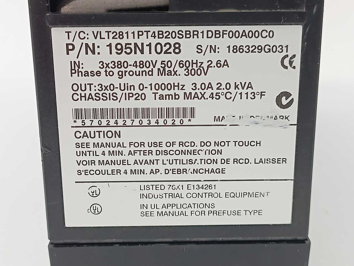 Danfoss VLT2811PT4B20SBR1DBF00A00C0 195N1028 VLT 2800 Series 1.1kW / 1.5HP Drive