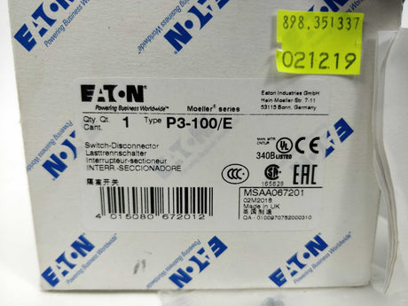 Eaton 067201 P3-100/E Switch Disconnector