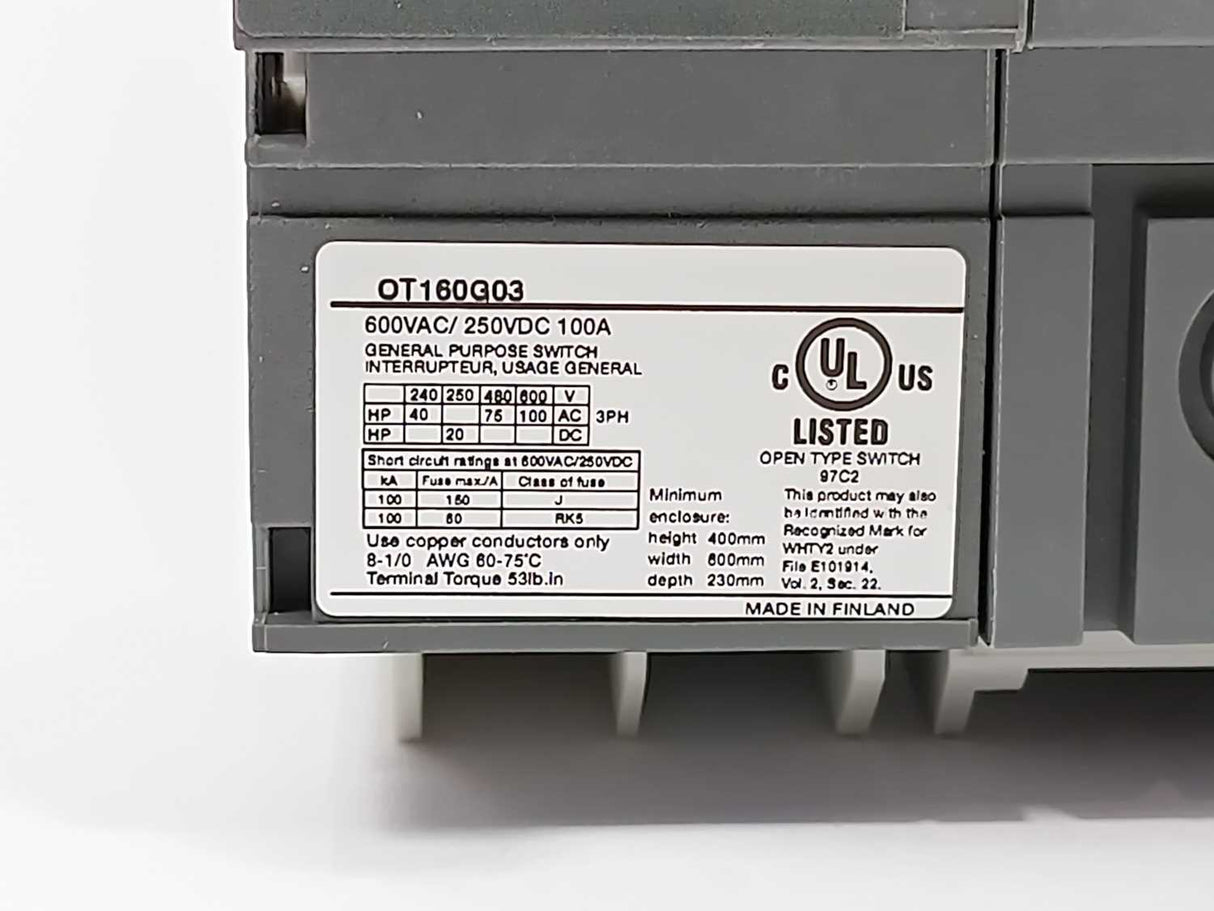 ABB 1SCA135139R1001 OT160G03P Switch Disconnector w/OHB65J6 Handle