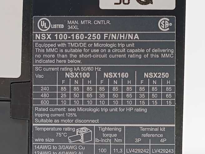 Schneider Electric LV431650 Circuit Breaker ComPact NSX250F, 36 kA at 415 VAC