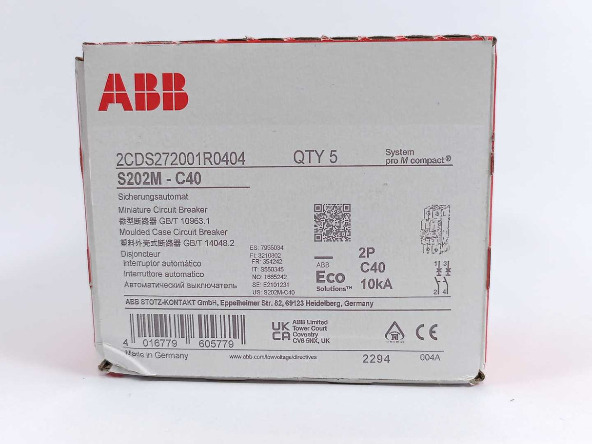 ABB 2CDS272001R0404 S202M-C40 Minature Circuit Breaker Batch 5 pcs.