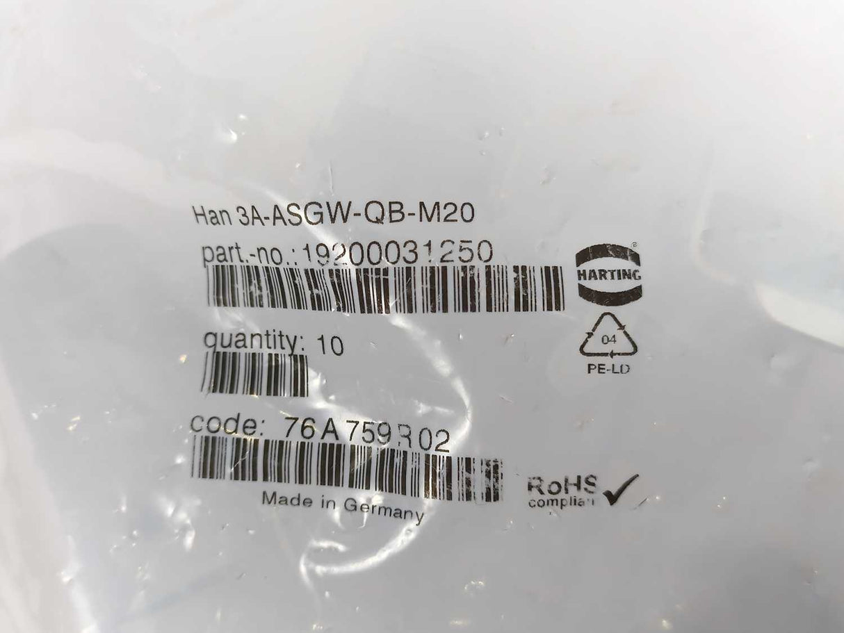 Harting 19200031250 3A-ASGW-QB-M20 Heavy Duty Power Connector Housing 10 Pcs