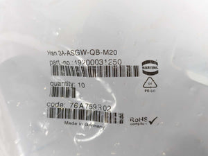 Harting 19200031250 3A-ASGW-QB-M20 Heavy Duty Power Connector Housing 10 Pcs