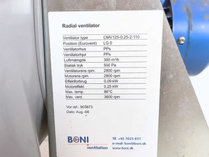 Boni Ventilation CMV125-0.25-2-110 Radial Ventilator, W: 0703-076331 Motor