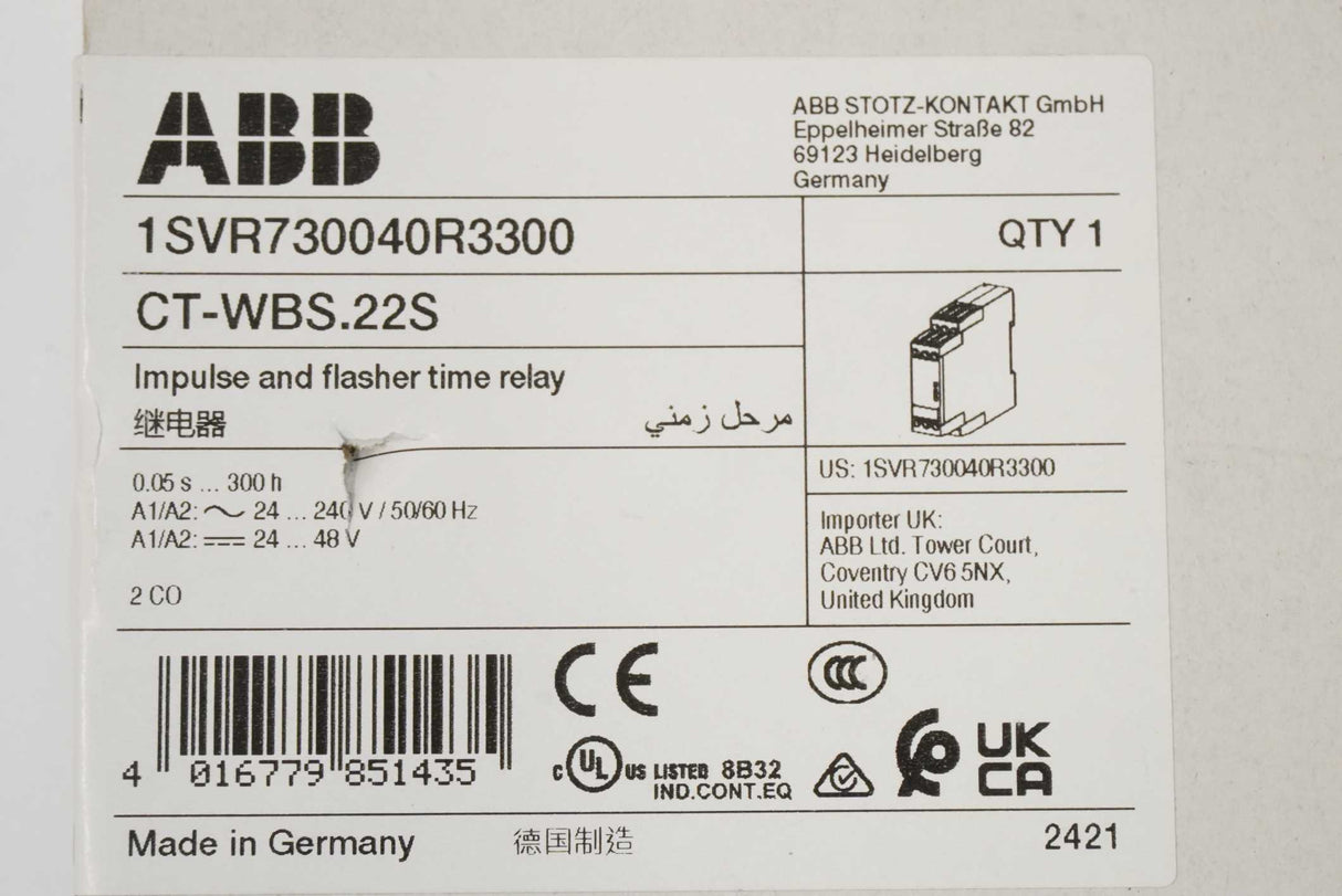 ABB Stotz-Kontakt 1SVR730040R3300 CT-WBS.22S Impulse and Flasher Time Relay