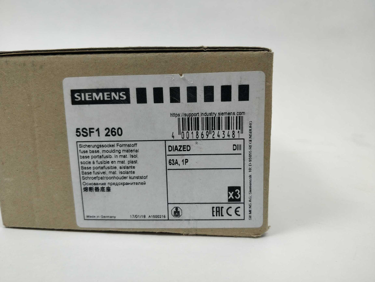 Siemens 5SF1260 DIAZED Fuse Base 3 Pcs.