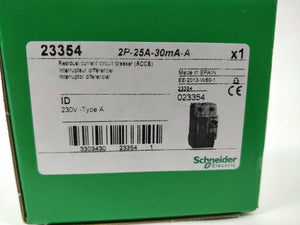 Schneider Electric 23354 Residual Current Circuit Breaker 2P-25A-30mA-A